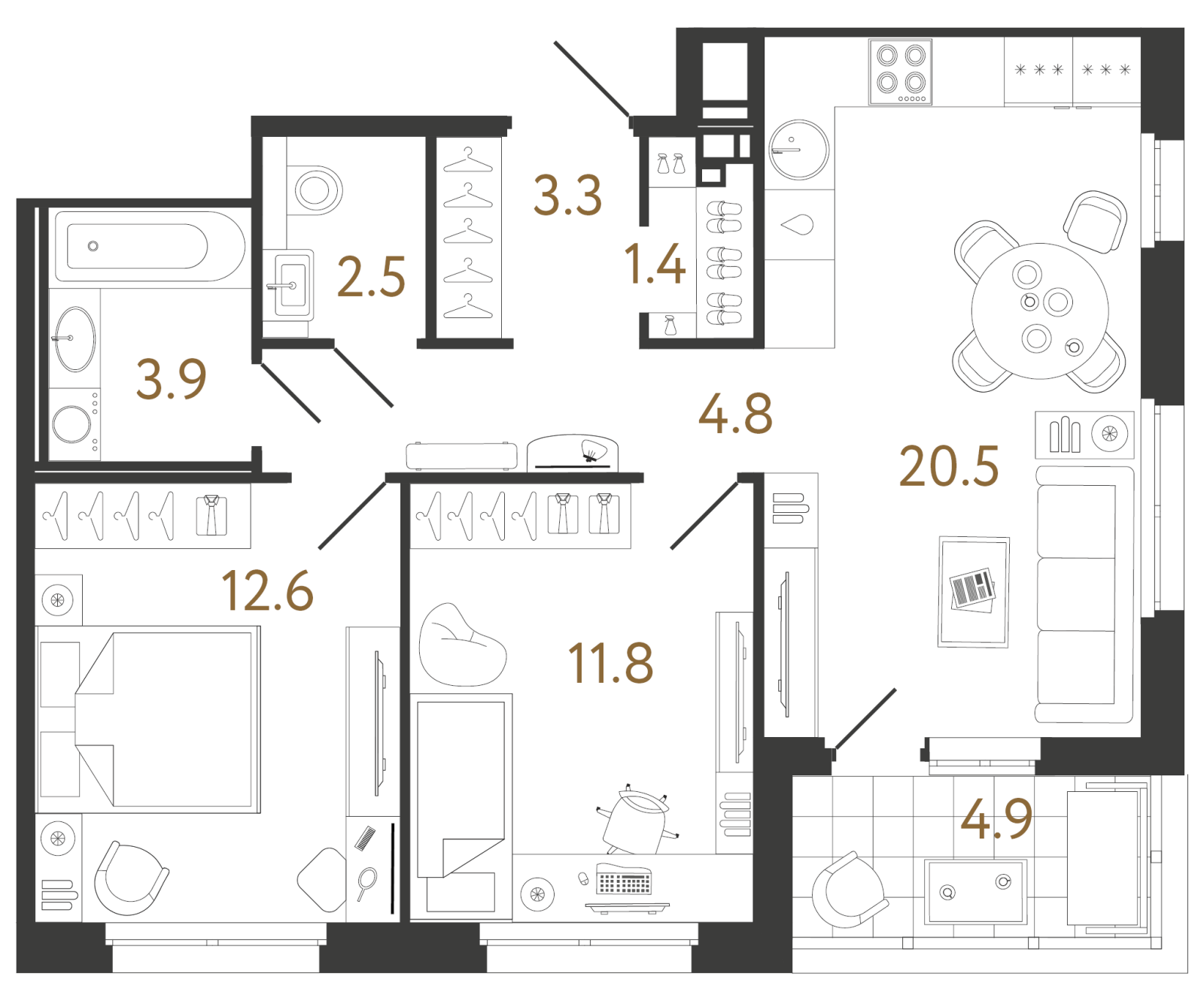 Планировка: 2-комнатная квартира, 60,8 м²