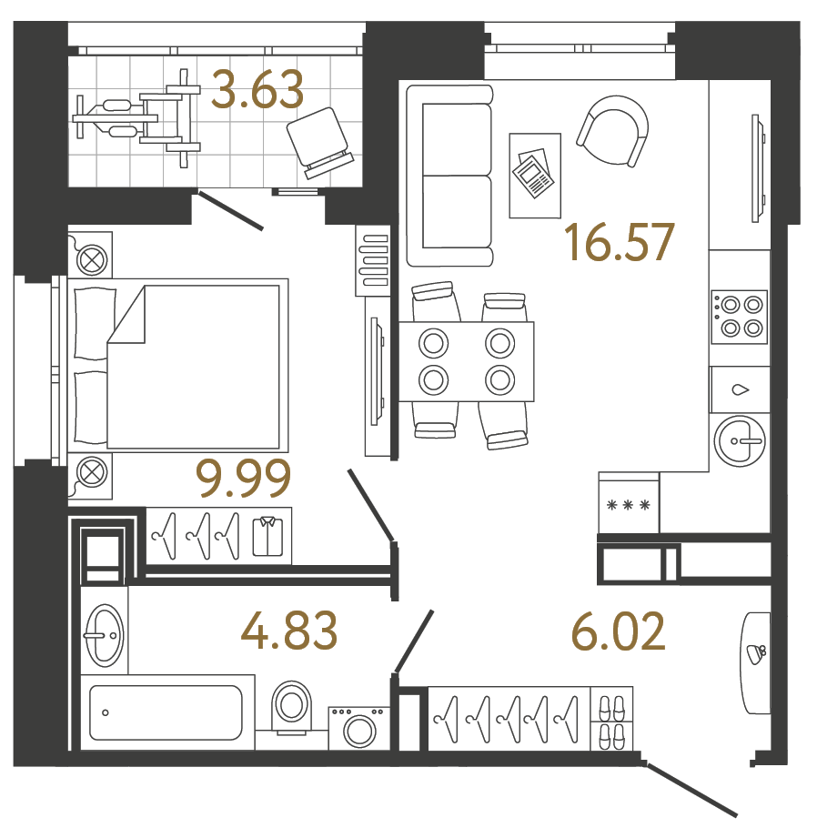 Планировка: 1-комнатная квартира, 37,4 м²