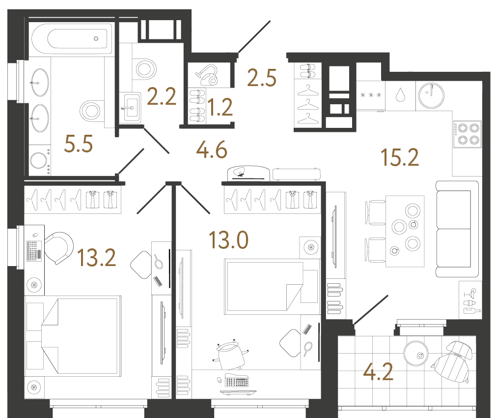 Планировка: 2-комнатная квартира, 57,4 м²