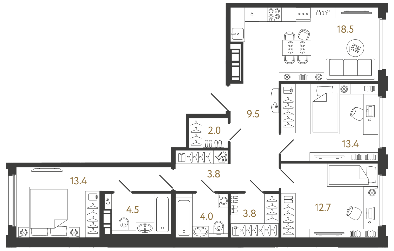 Планировка: 3-комнатная квартира, 85,6 м²