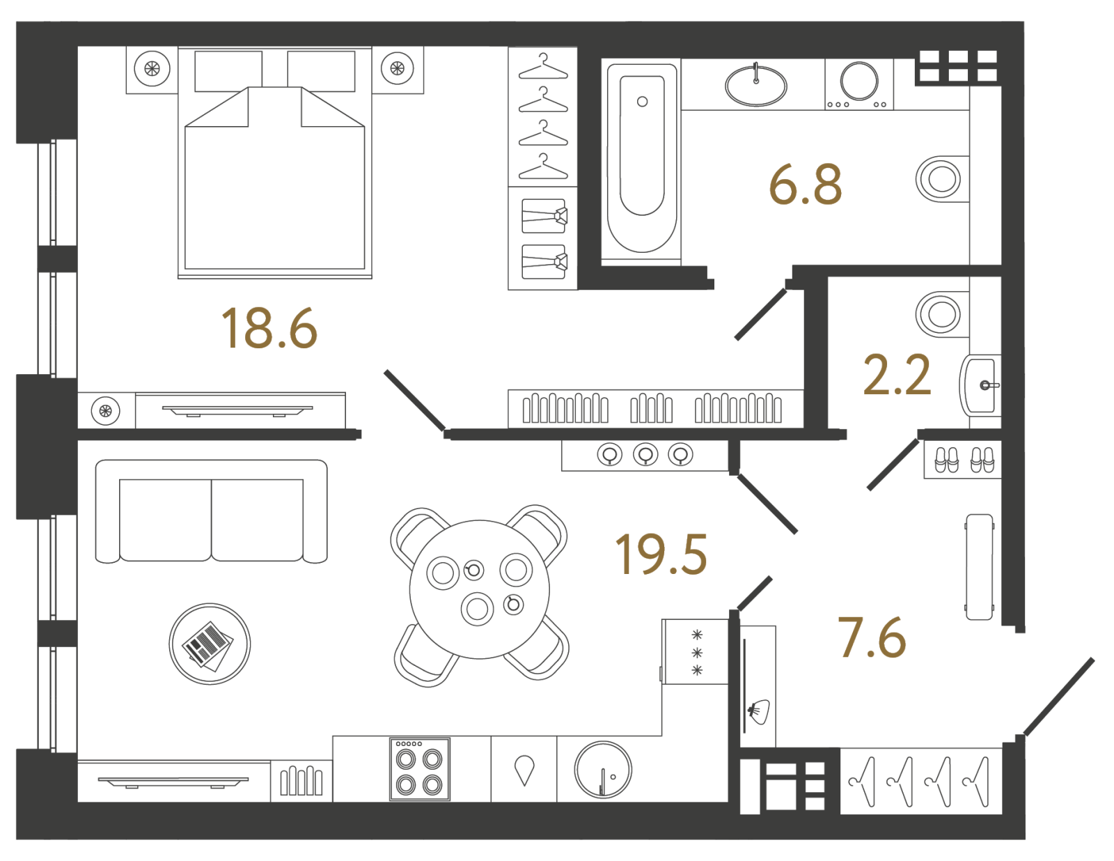 Планировка: 1-комнатная квартира, 54,6 м²