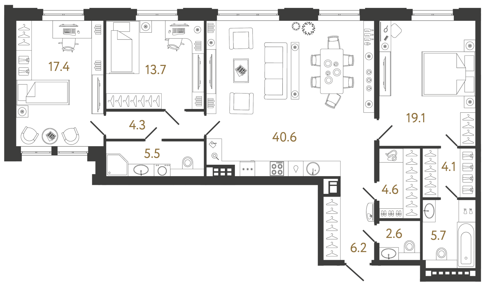 Планировка: 3-комнатная квартира, 123,8 м²