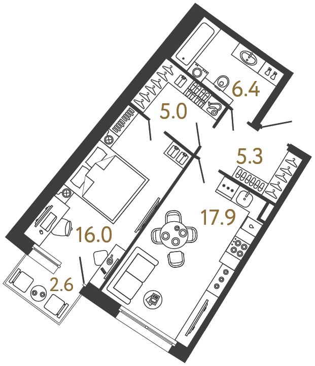 Планировка: 1-комнатная квартира, 50,6 м²