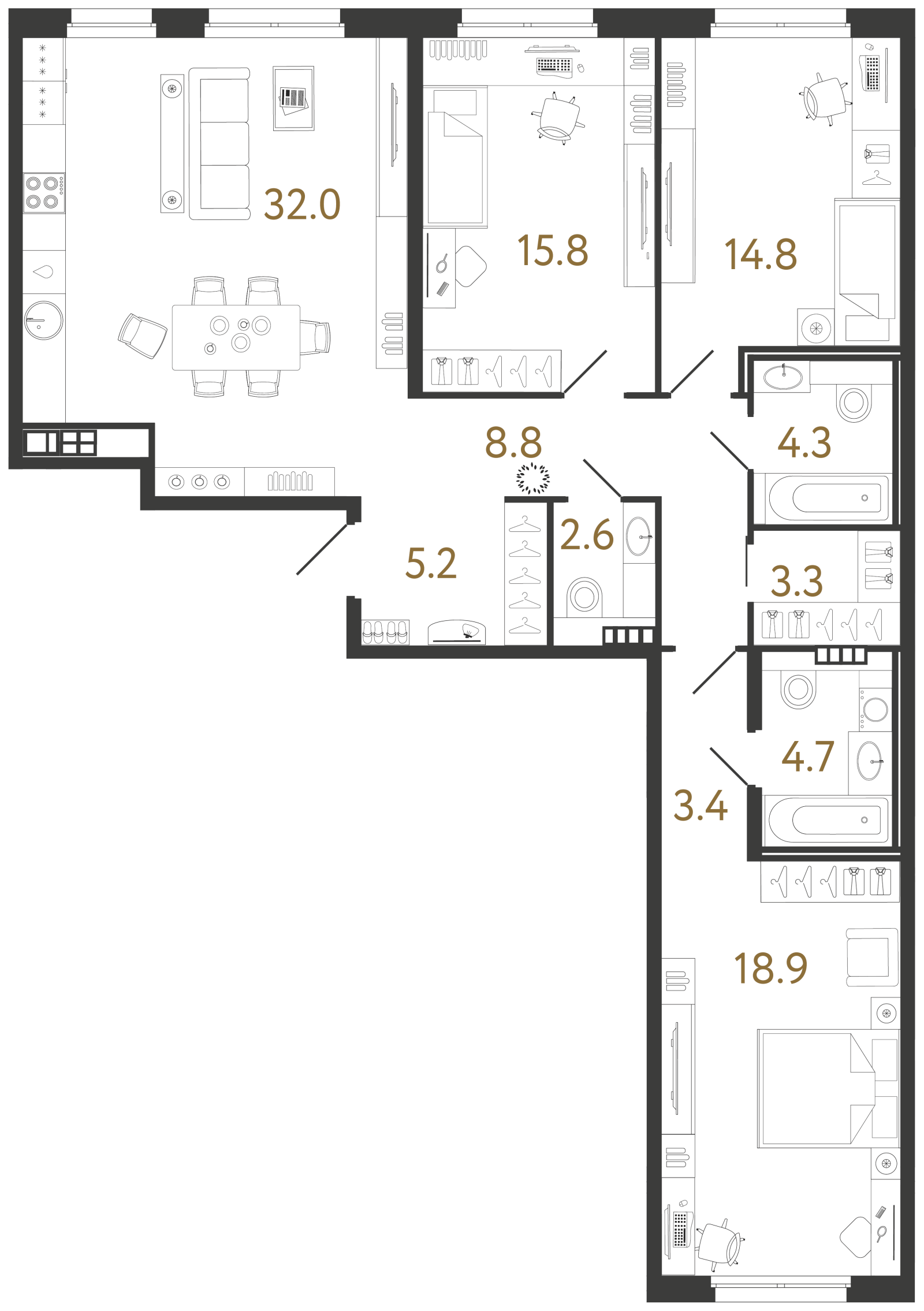 Планировка: 3-комнатная квартира, 113,8 м²