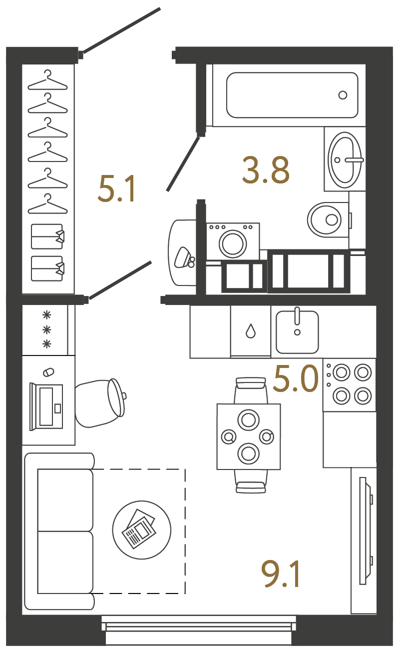 Планировка: студия, 23,0 м²