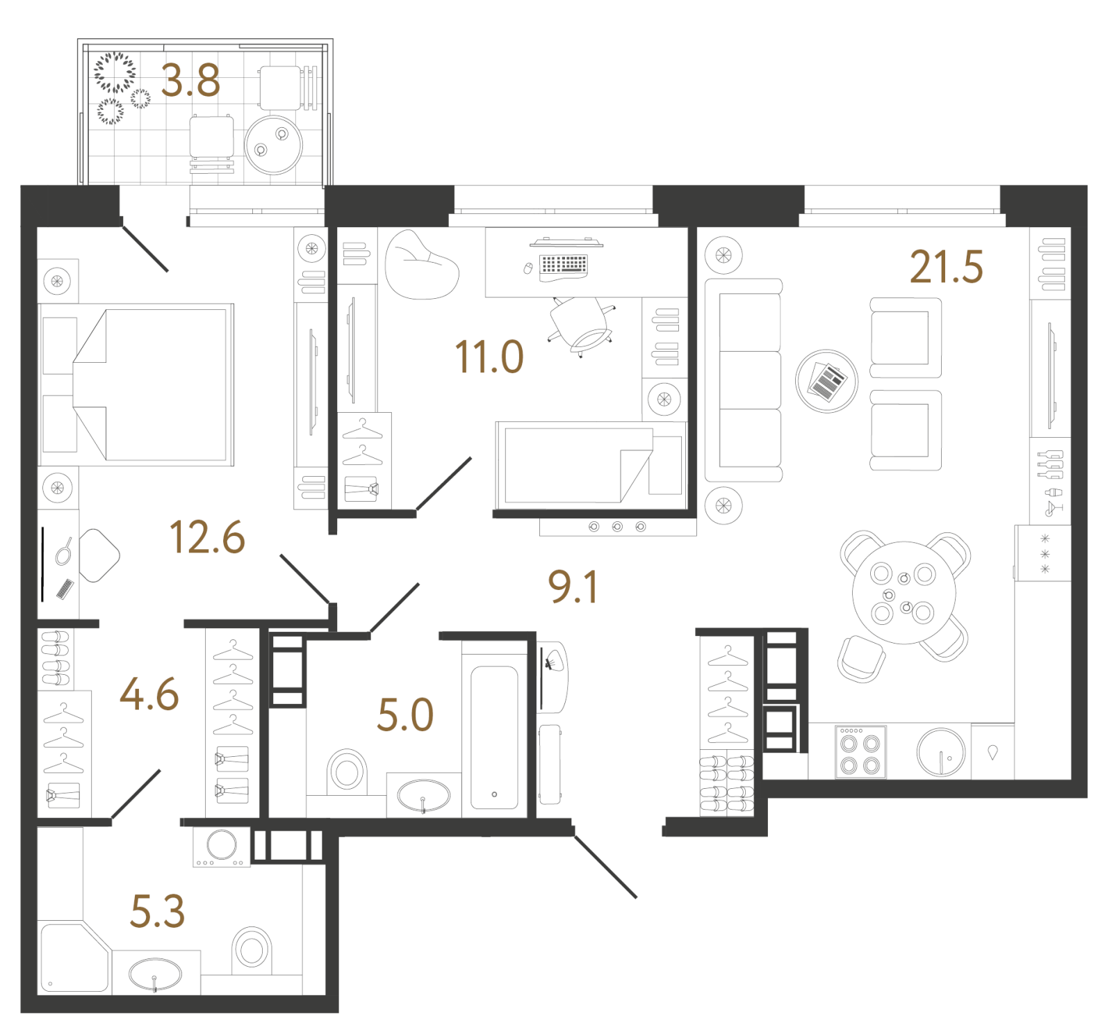 Планировка: 2-комнатная квартира, 69,1 м²