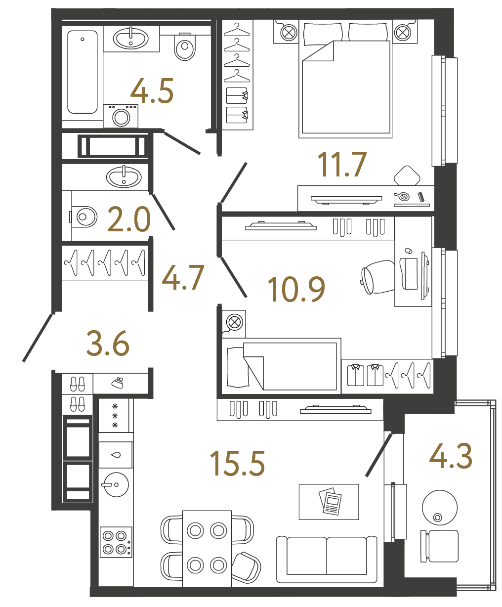 Планировка: 2-комнатная квартира, 52,9 м²