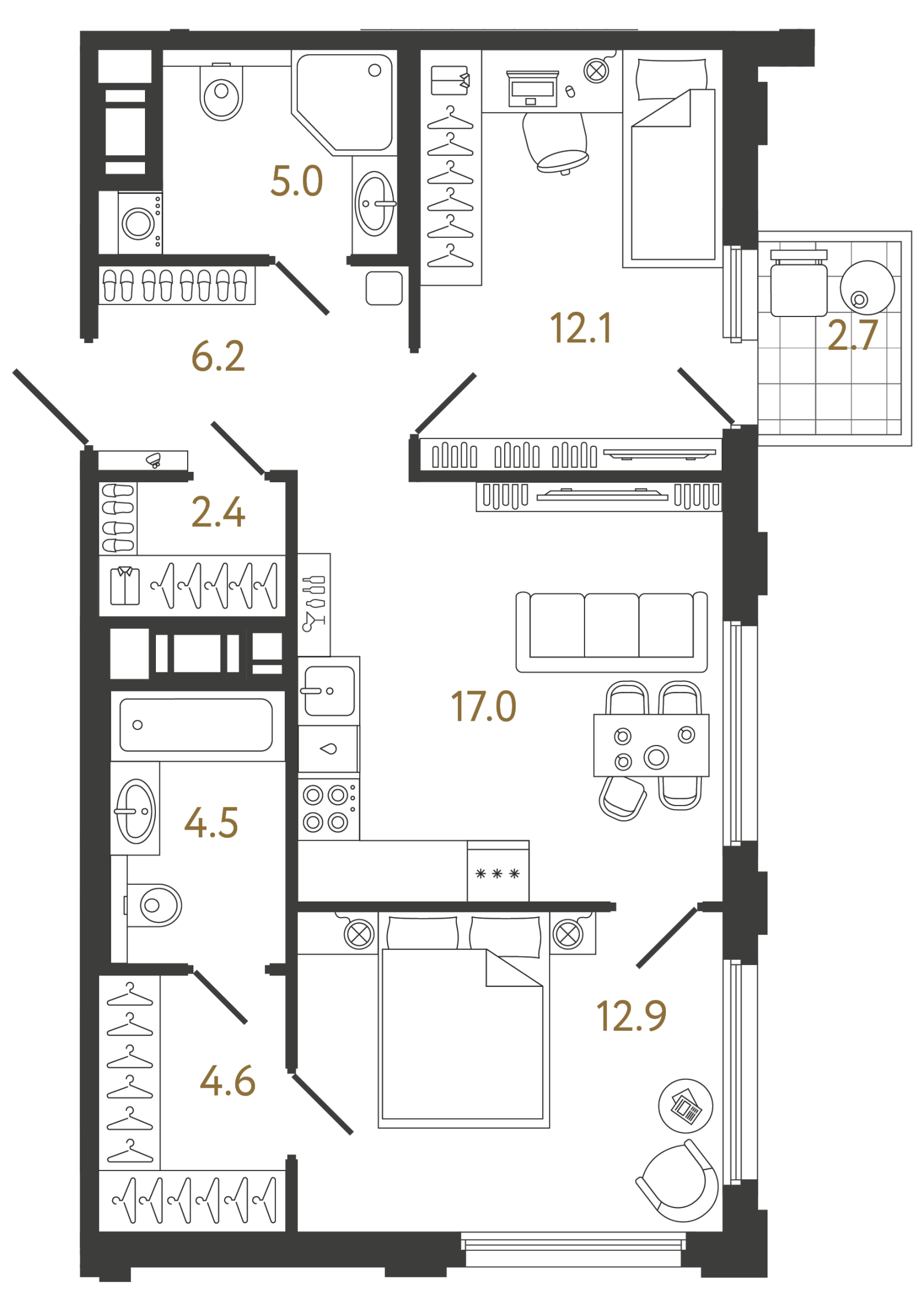 Планировка: 2-комнатная квартира, 64,7 м²