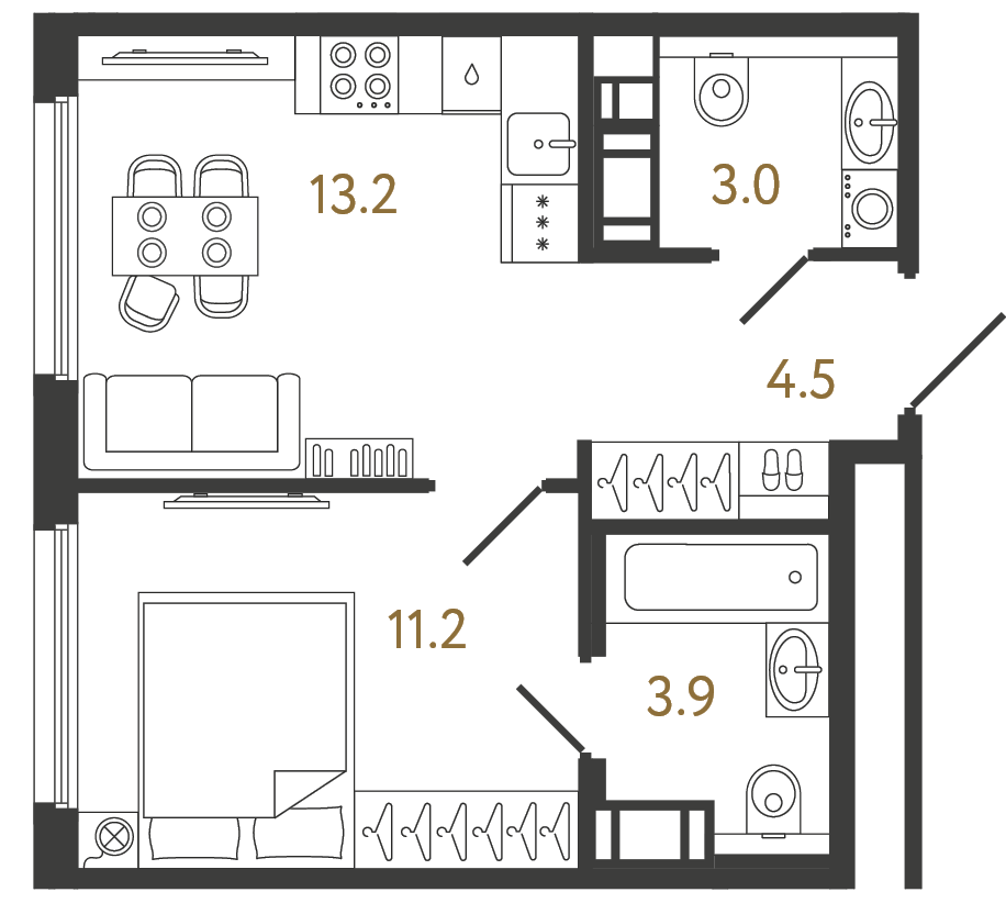Планировка: 1-комнатная квартира, 35,8 м²