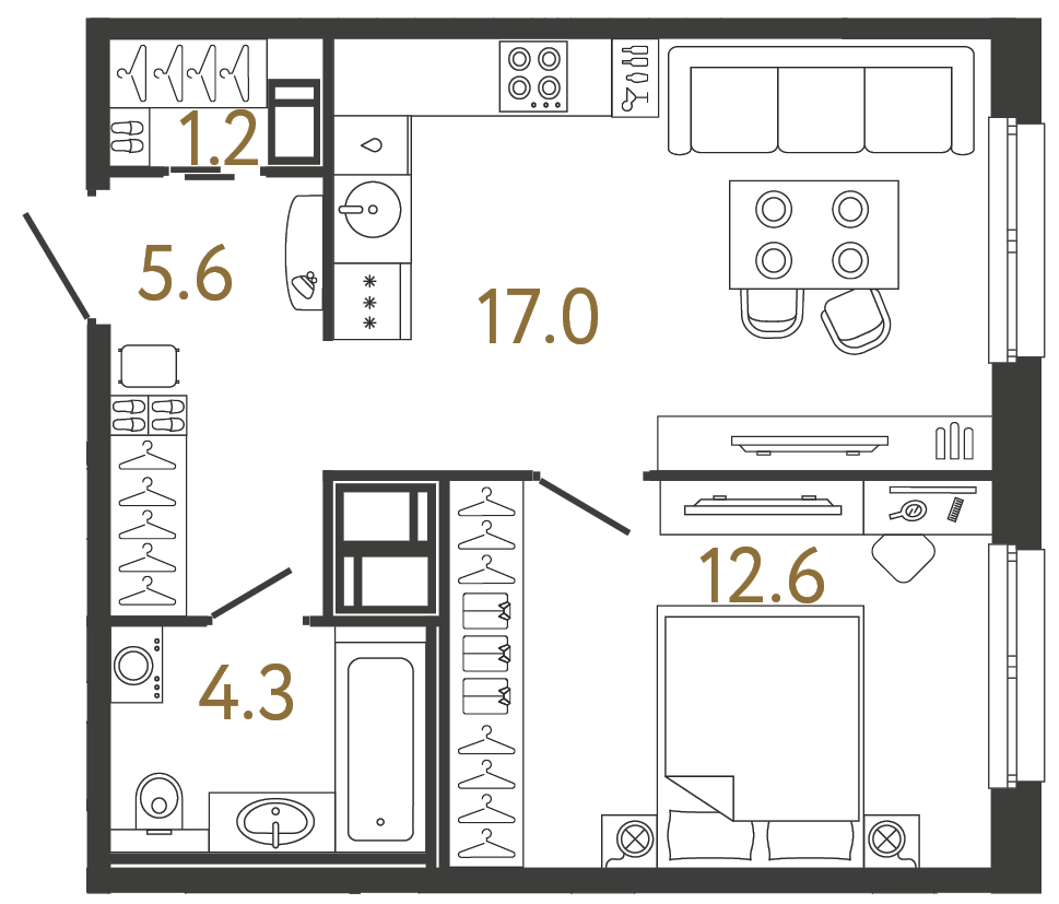 Планировка: 1-комнатная квартира, 40,7 м²