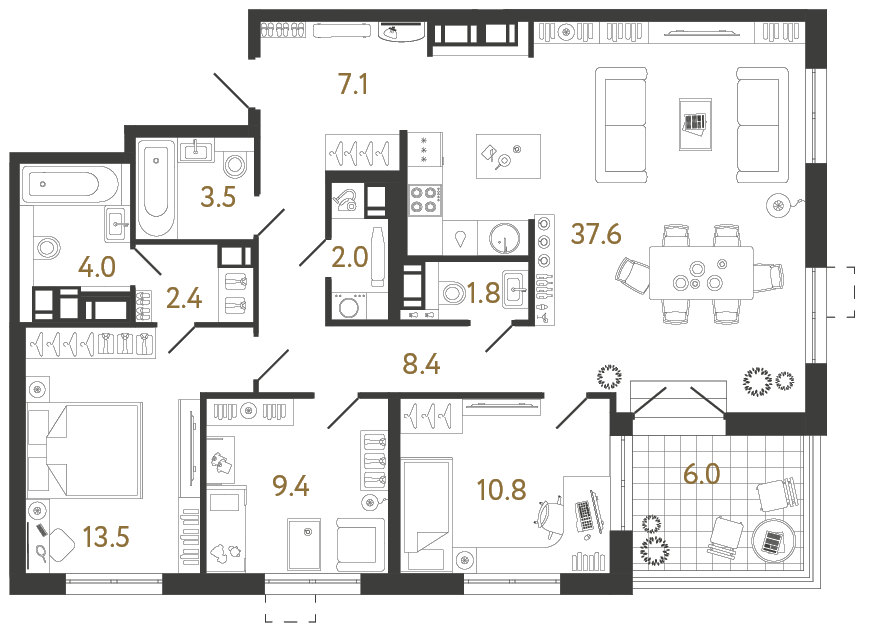 Планировка: 3-комнатная квартира, 100,5 м²