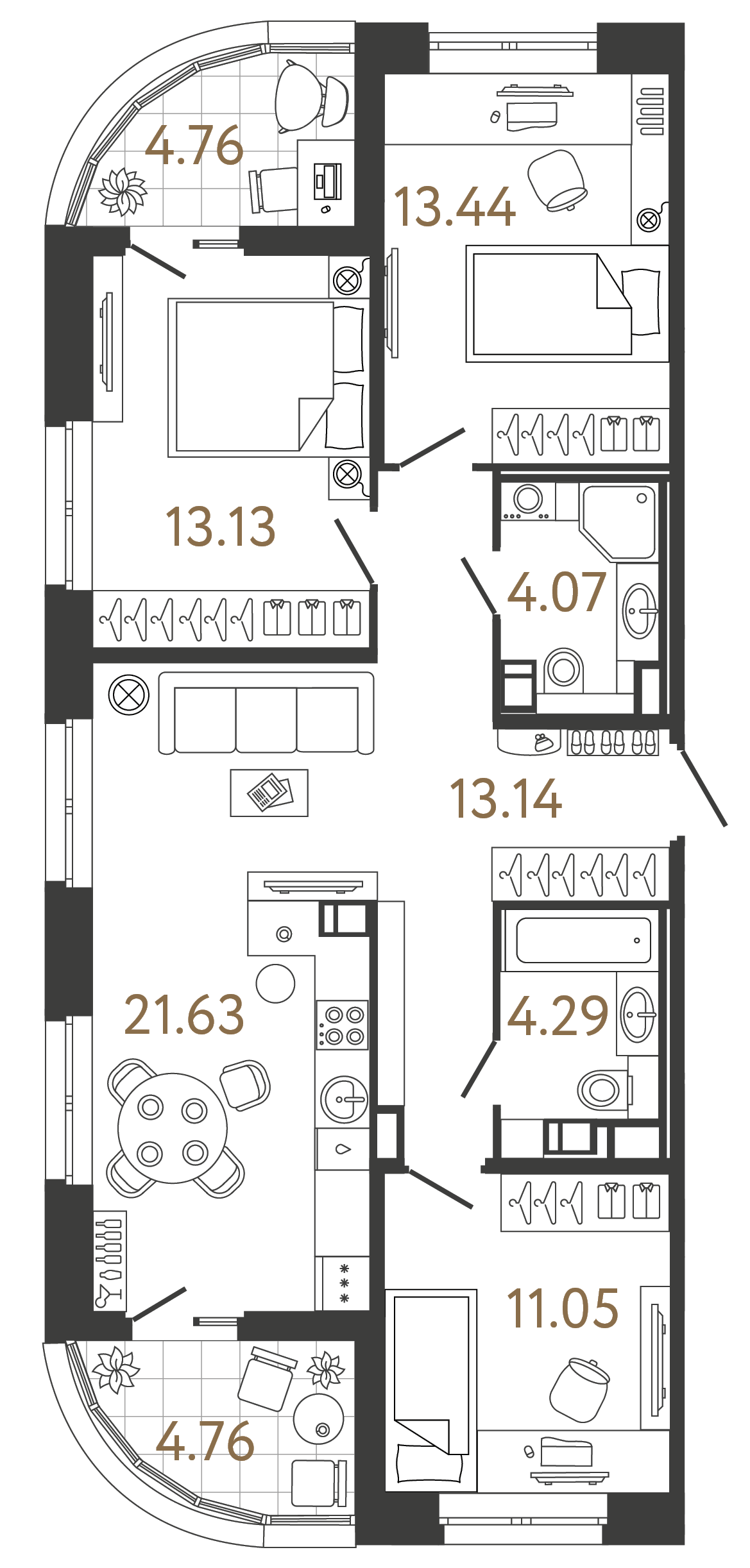 Планировка: 3-комнатная квартира, 80,8 м²