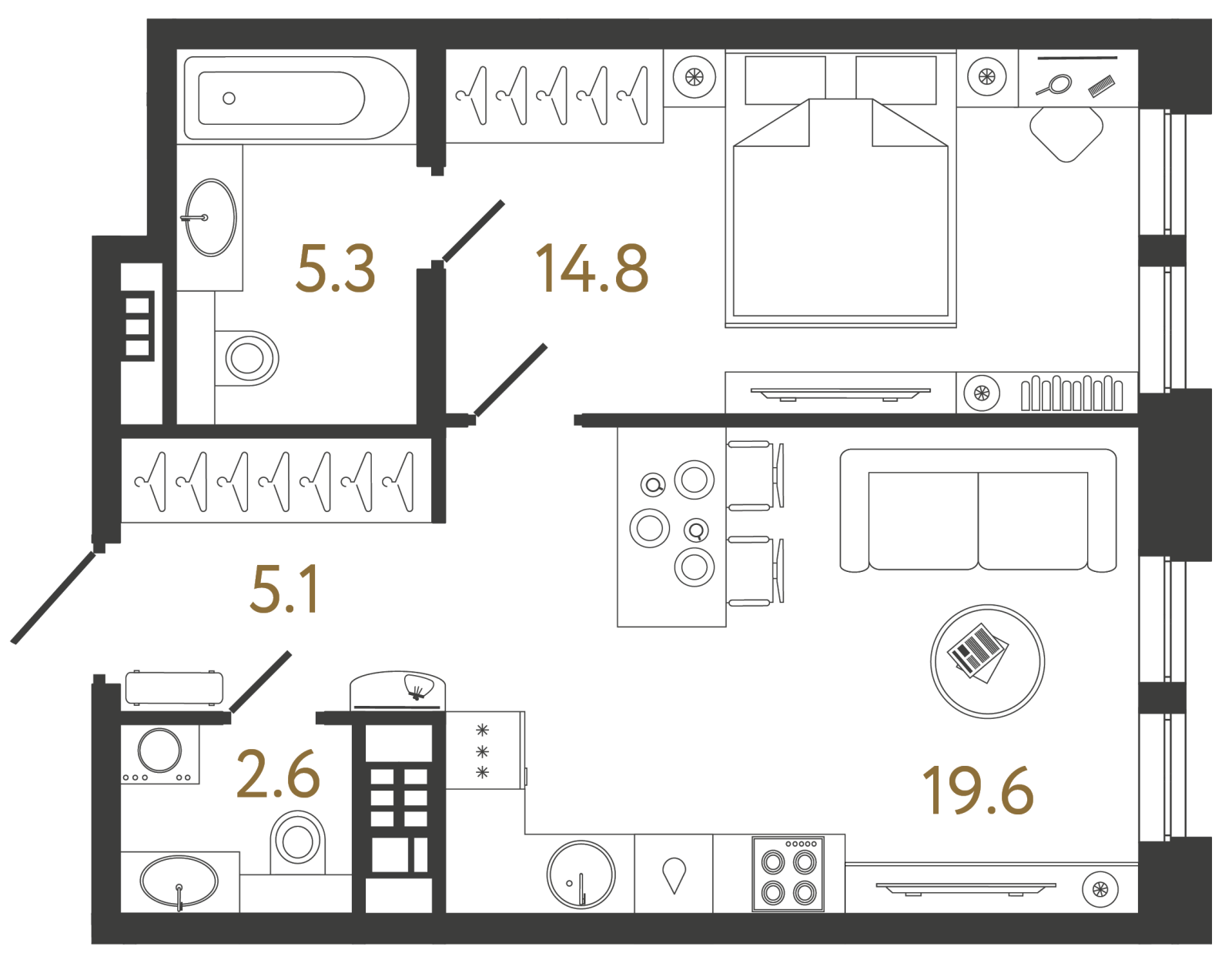 Планировка: 1-комнатная квартира, 47,4 м²