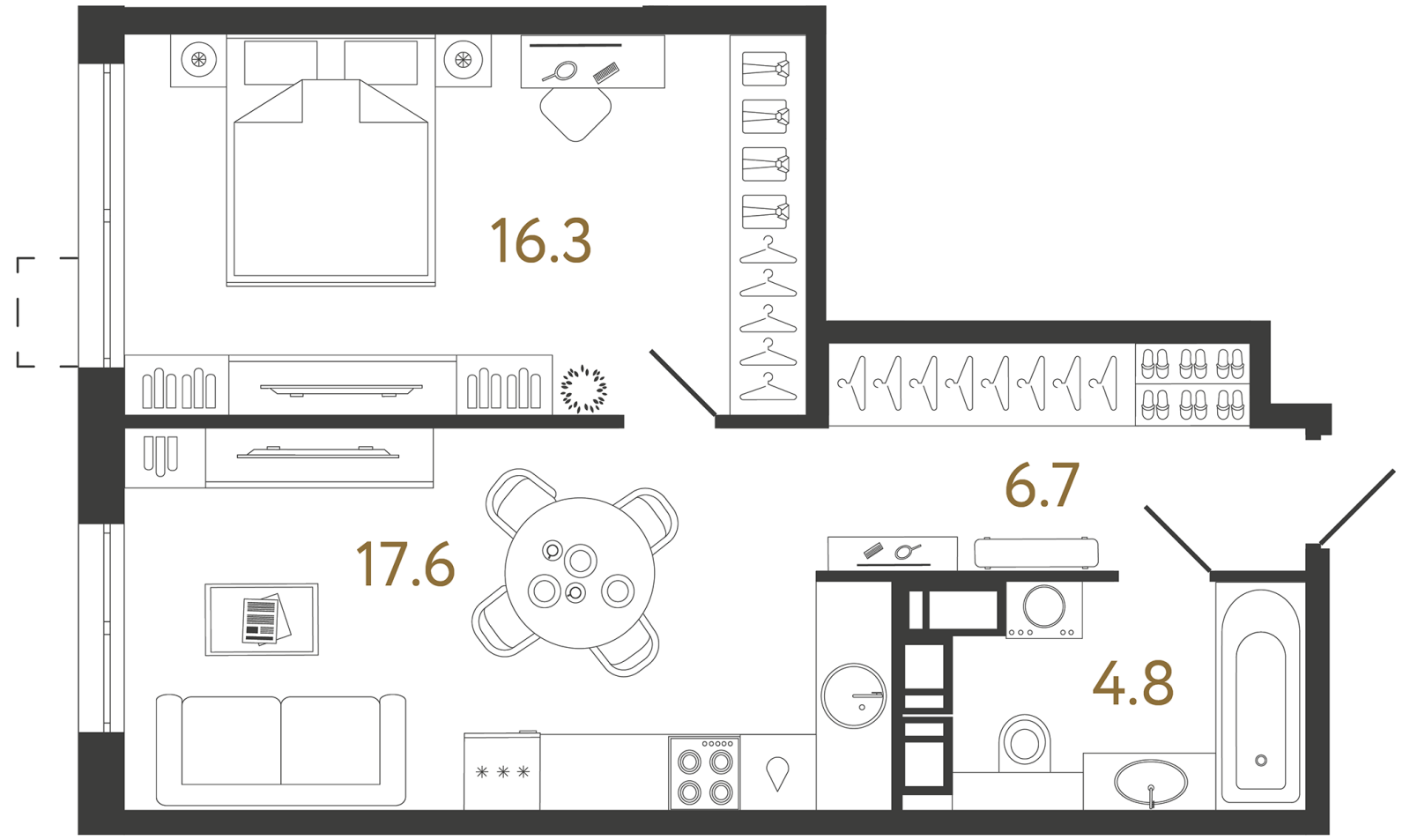 Планировка: 1-комнатная квартира, 45,4 м²