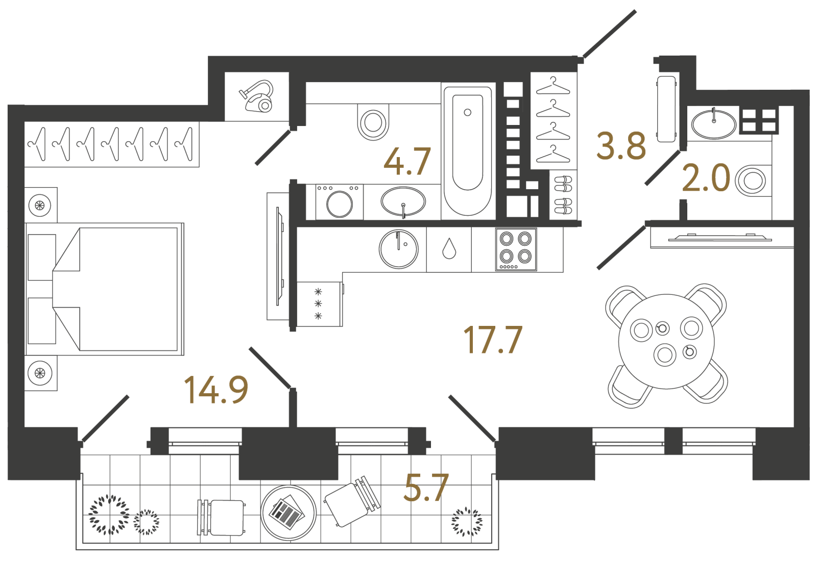 Планировка: 1-комнатная квартира, 43,1 м²