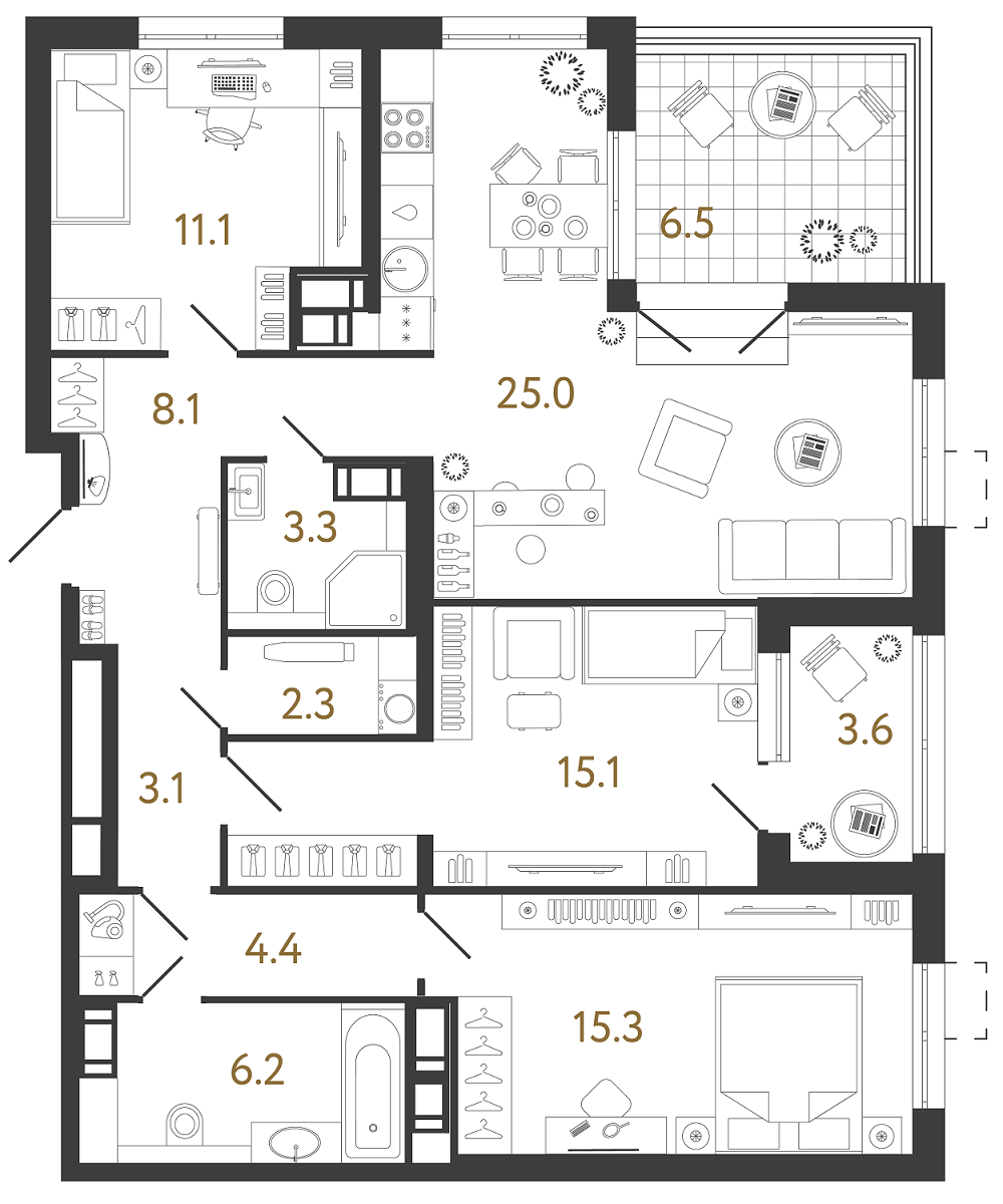 Планировка: 3-комнатная квартира, 93,9 м²