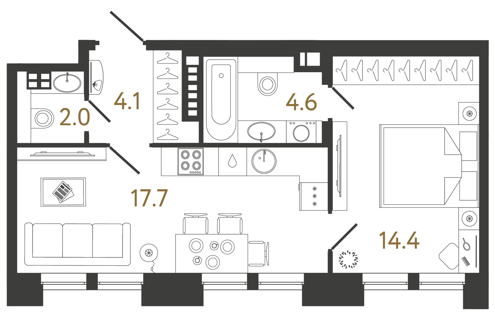 Планировка: 1-комнатная квартира, 42,8 м²