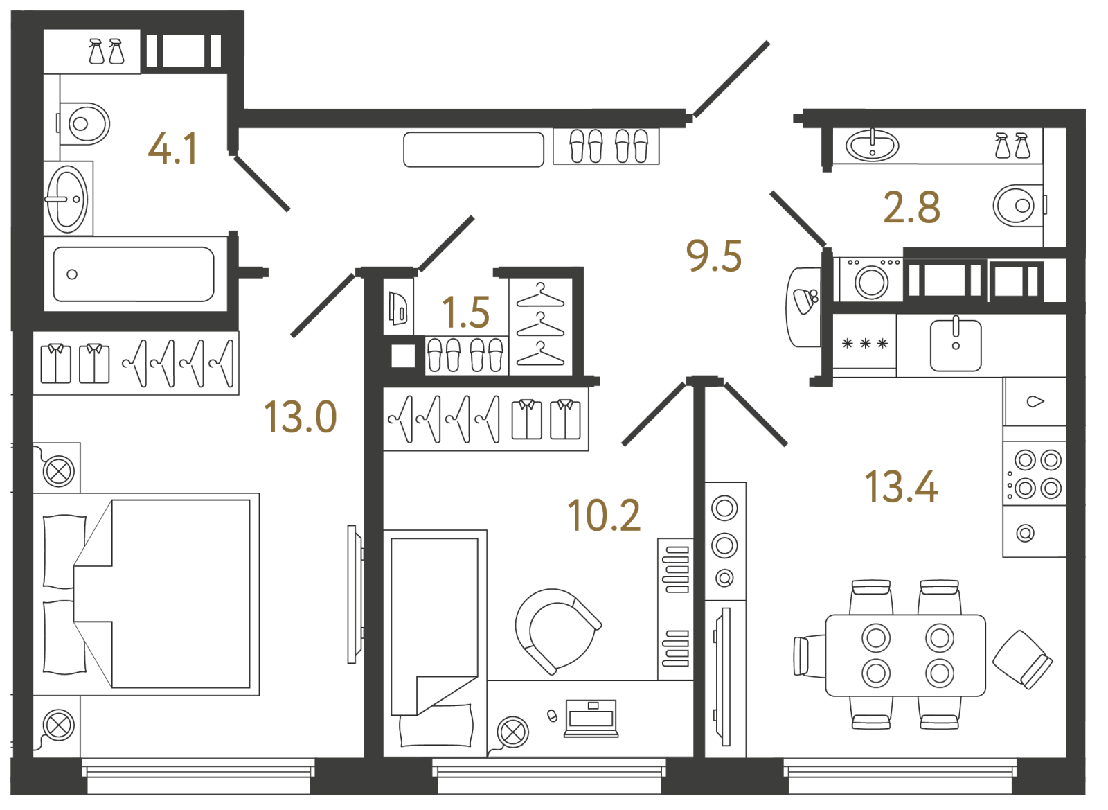 Планировка: 2-комнатная квартира, 54,5 м²