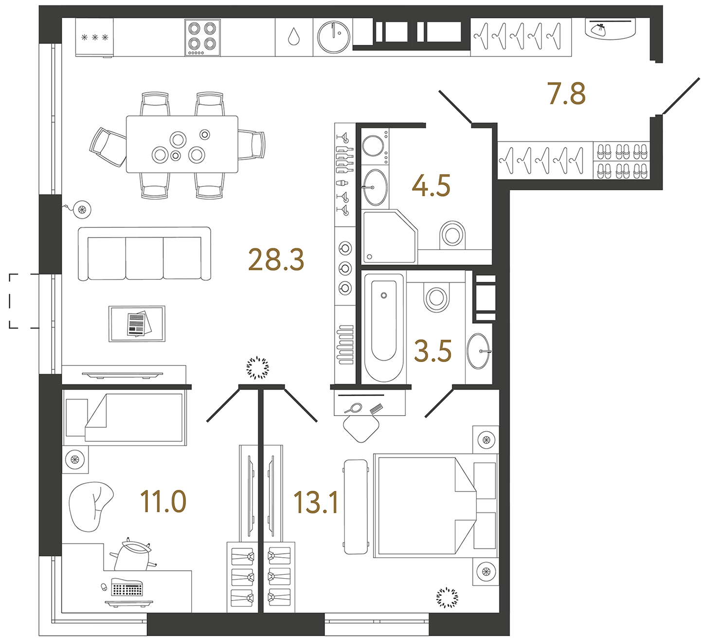 Планировка: 2-комнатная квартира, 68,2 м²