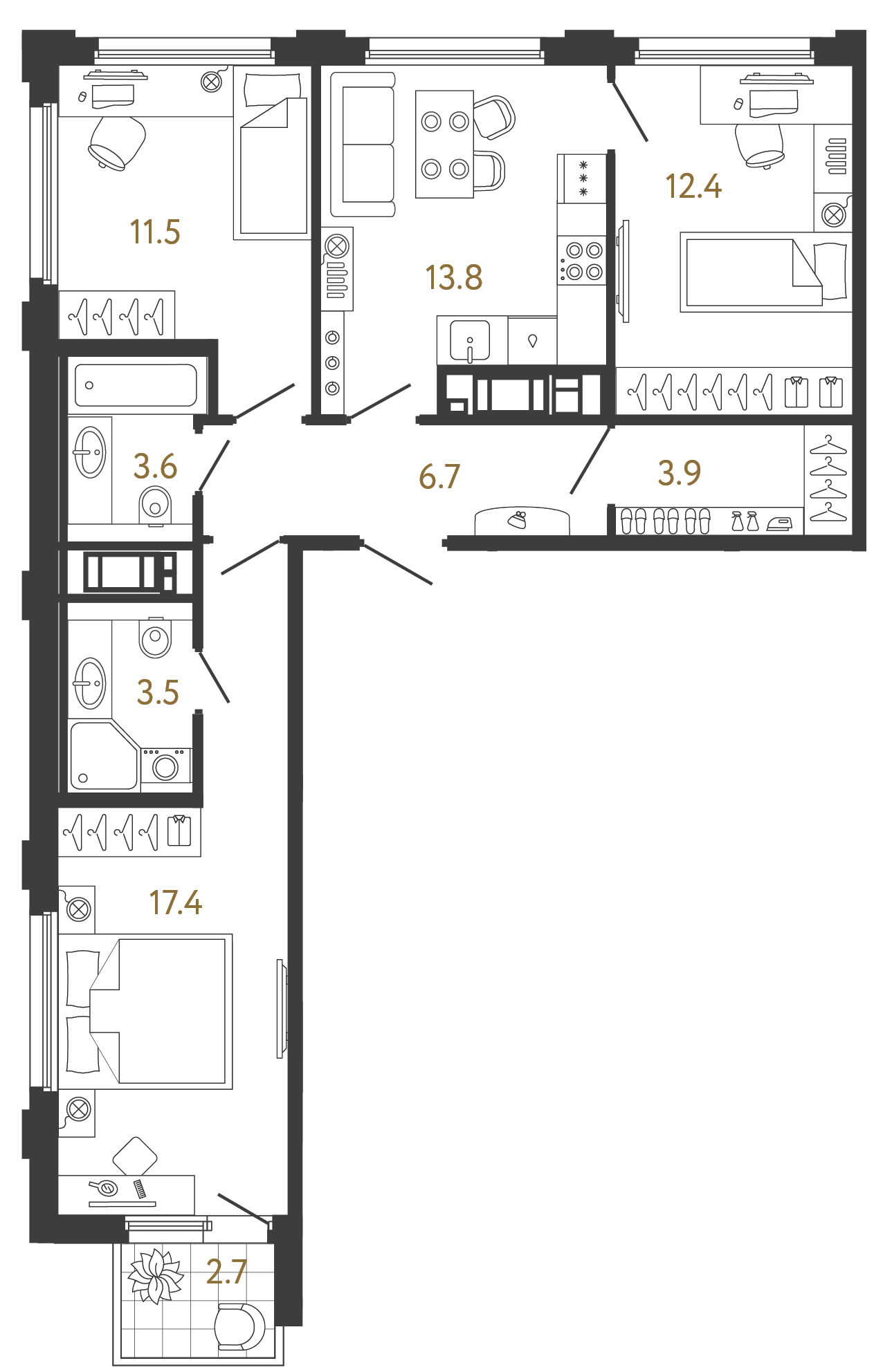 Планировка: 3-комнатная квартира, 72,8 м²