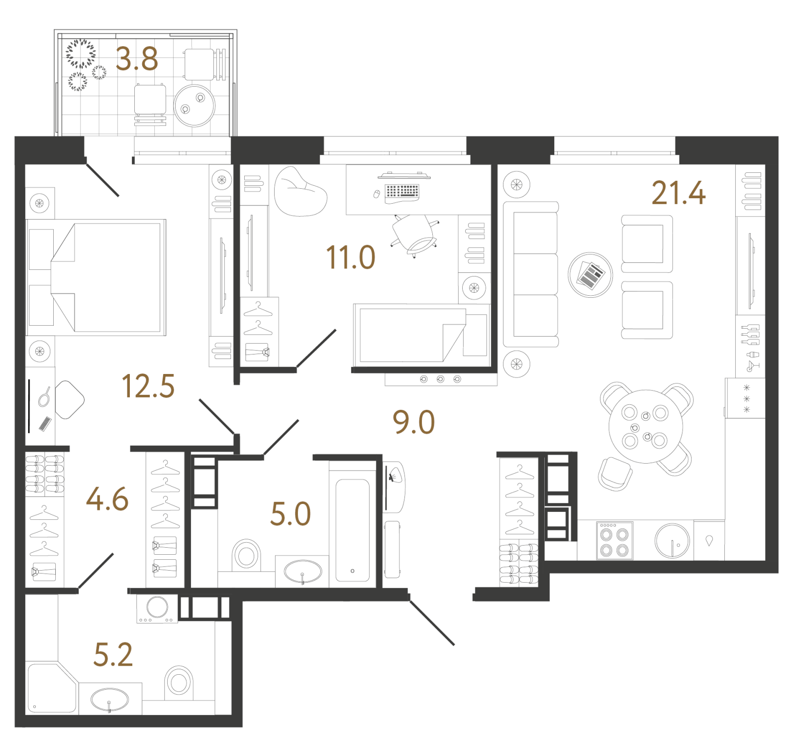 Планировка: 2-комнатная квартира, 68,7 м²