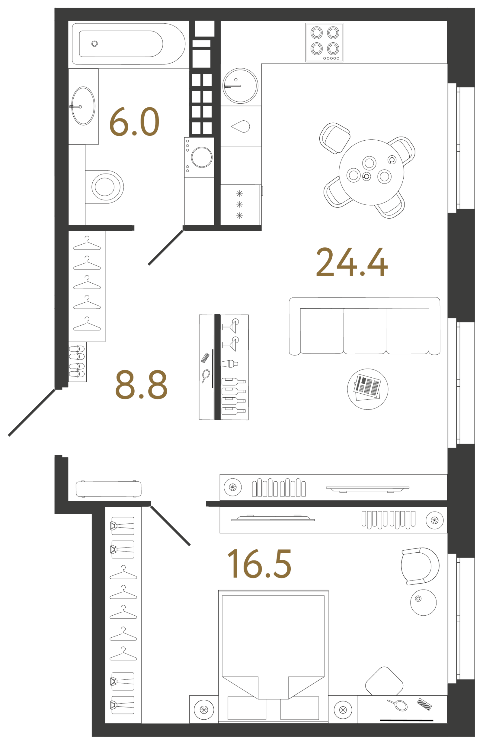 Планировка: 1-комнатная квартира, 55,7 м²