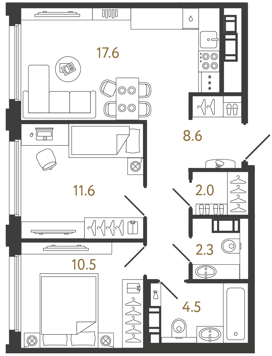 Планировка: 2-комнатная квартира, 57,1 м²