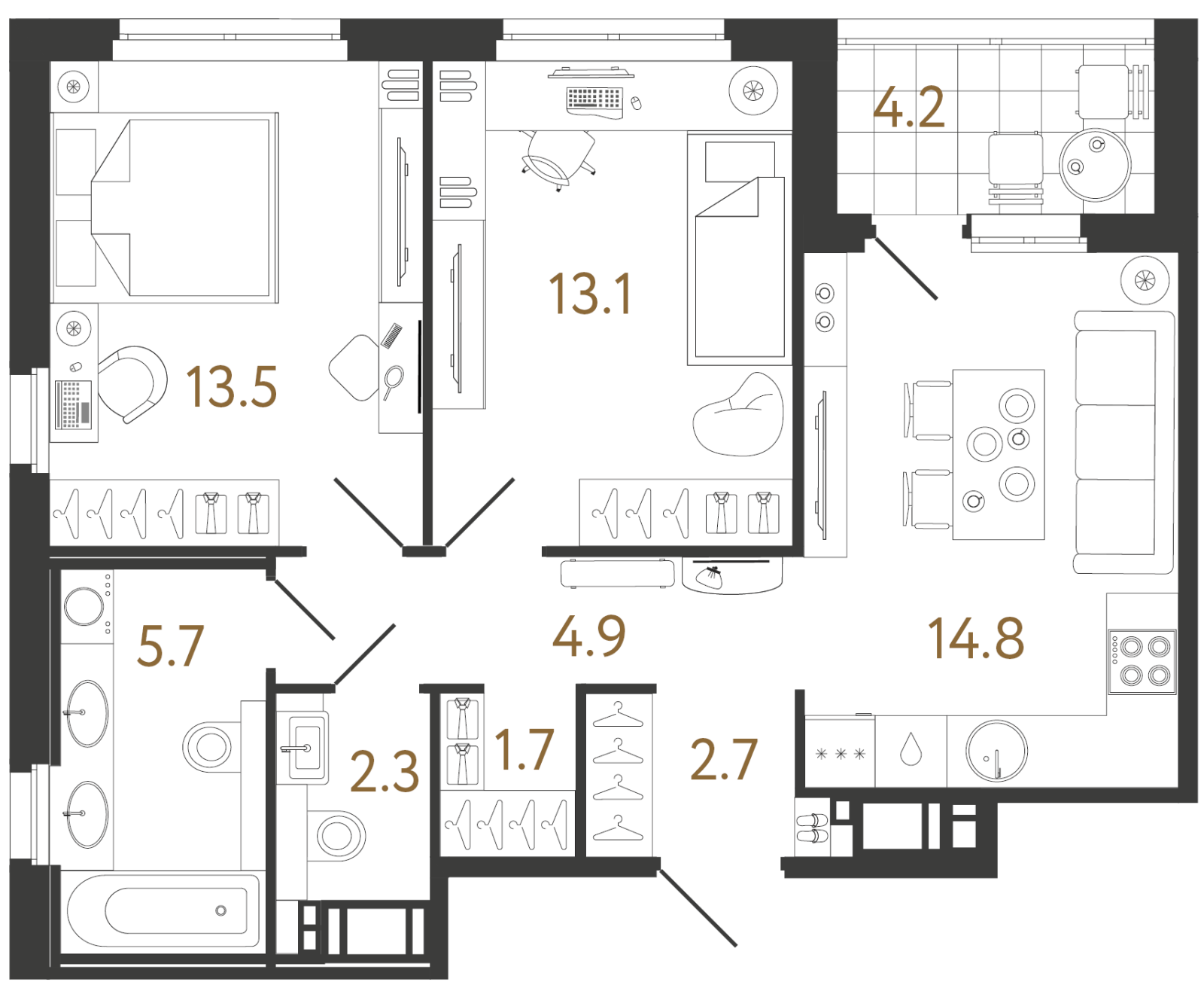 Планировка: 2-комнатная квартира, 58,7 м²