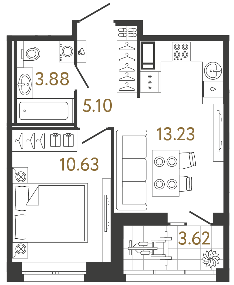 Планировка: 1-комнатная квартира, 32,8 м²