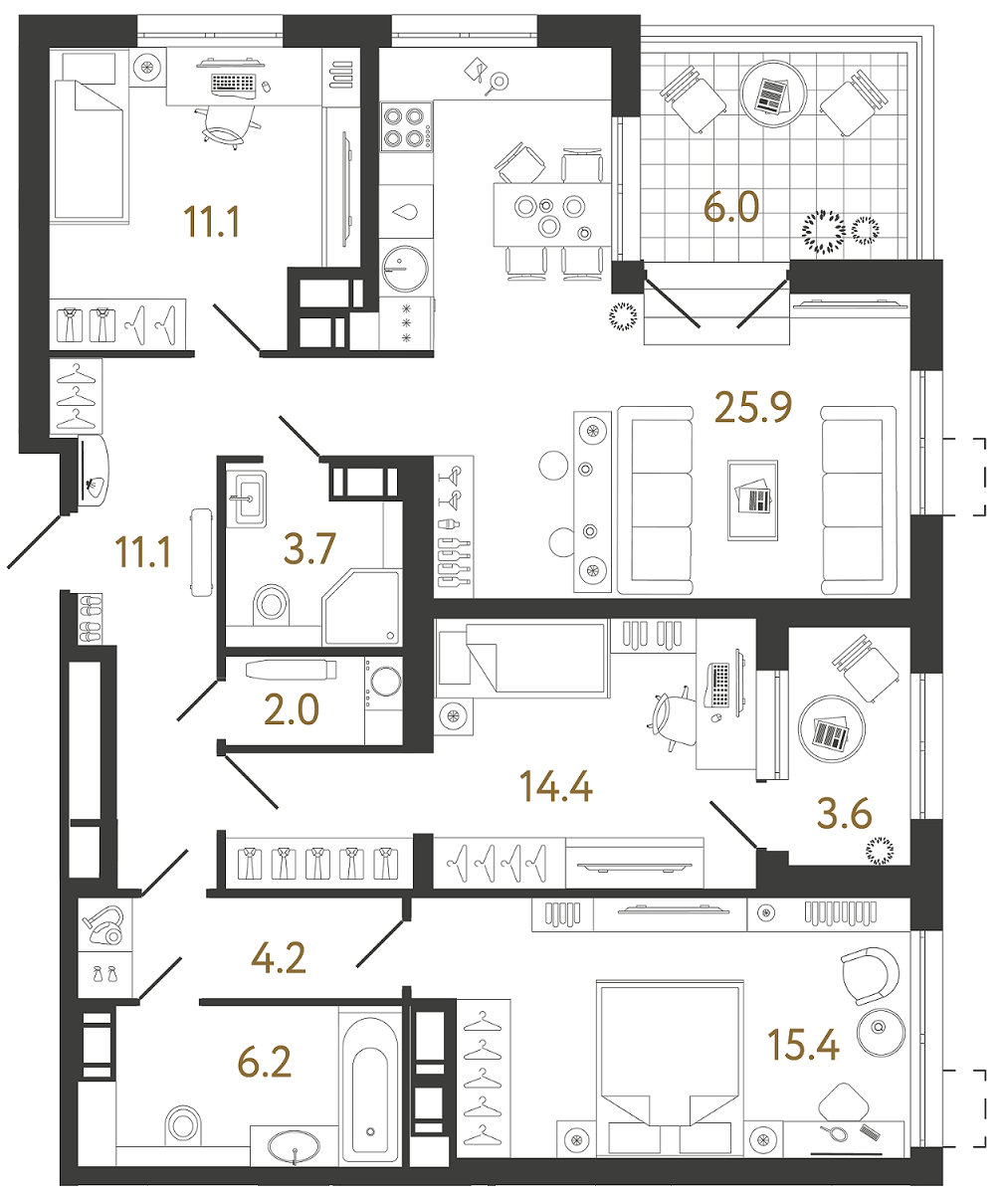 Планировка: 3-комнатная квартира, 94,0 м²