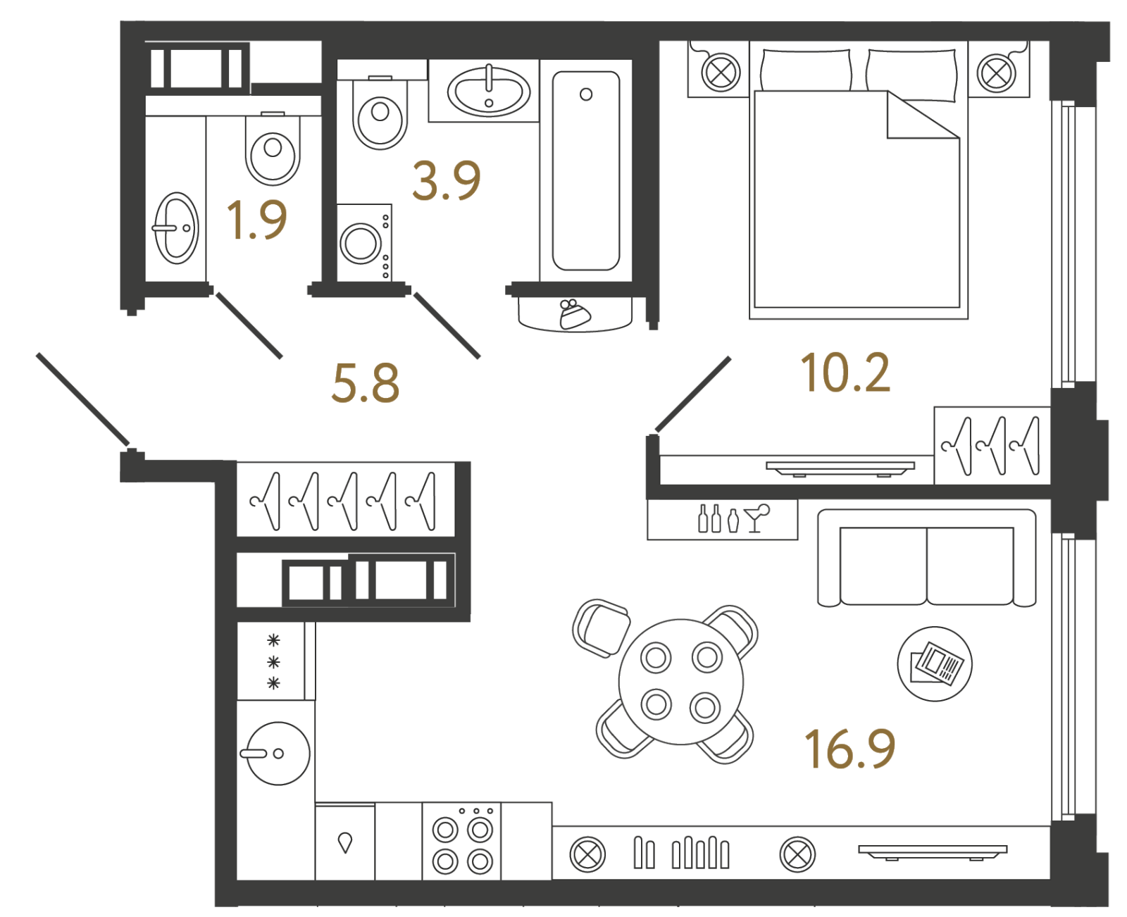 Планировка: 1-комнатная квартира, 38,7 м²