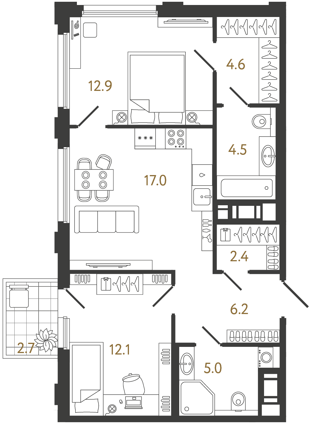Планировка: 2-комнатная квартира, 64,7 м²