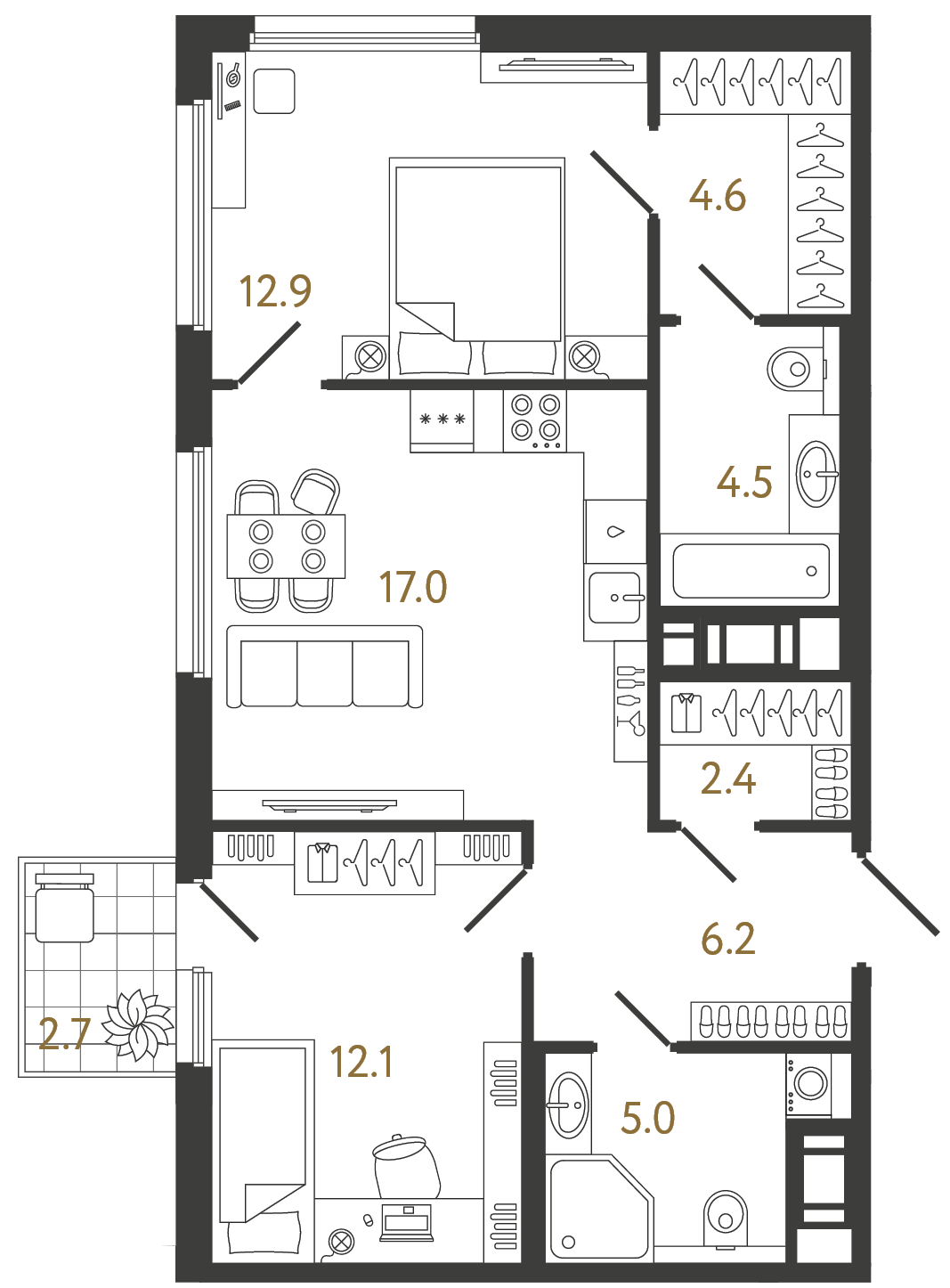 Планировка: 2-комнатная квартира, 64,7 м²