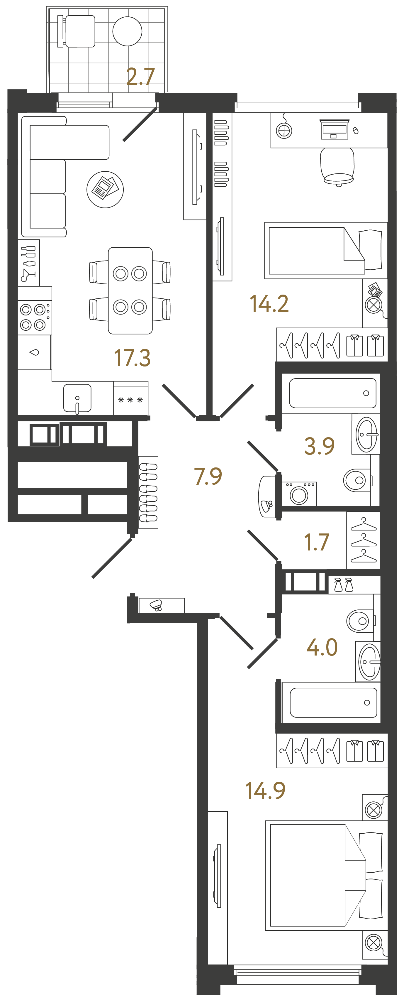 Планировка: 2-комнатная квартира, 63,9 м²