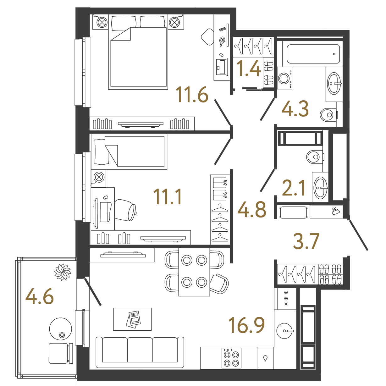 Планировка: 2-комнатная квартира, 55,9 м²