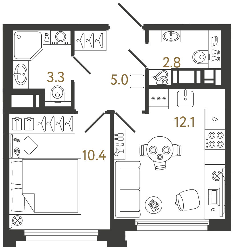 Планировка: 1-комнатная квартира, 33,6 м²