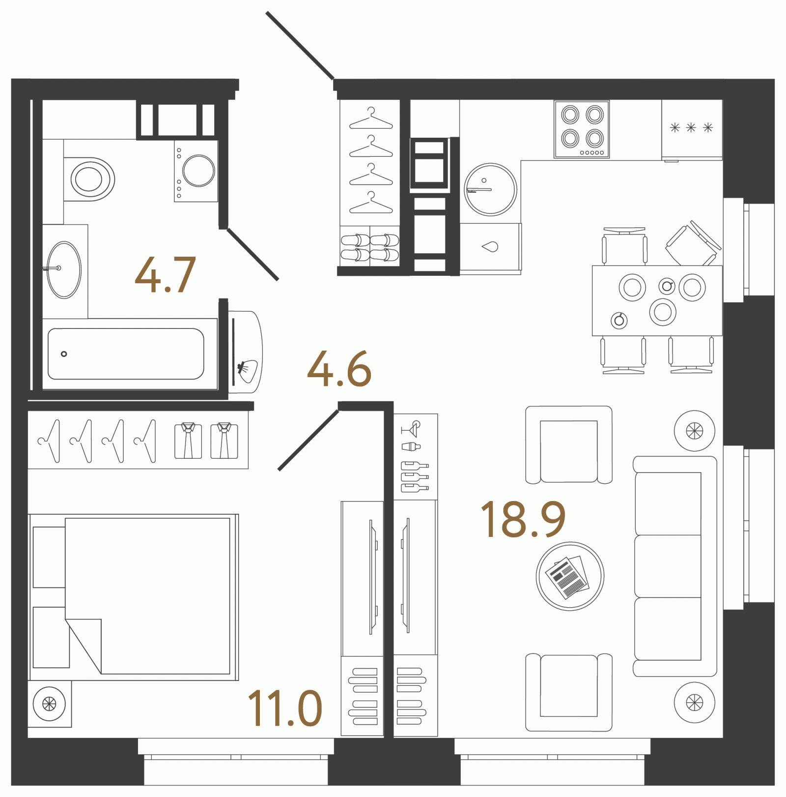 Планировка: 1-комнатная квартира, 39,5 м²