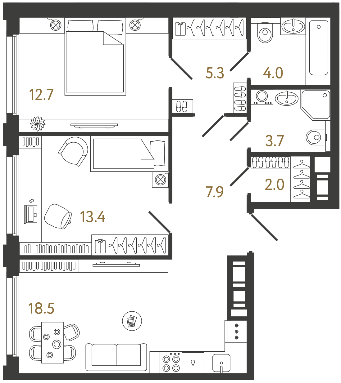 Планировка: 2-комнатная квартира, 67,5 м²