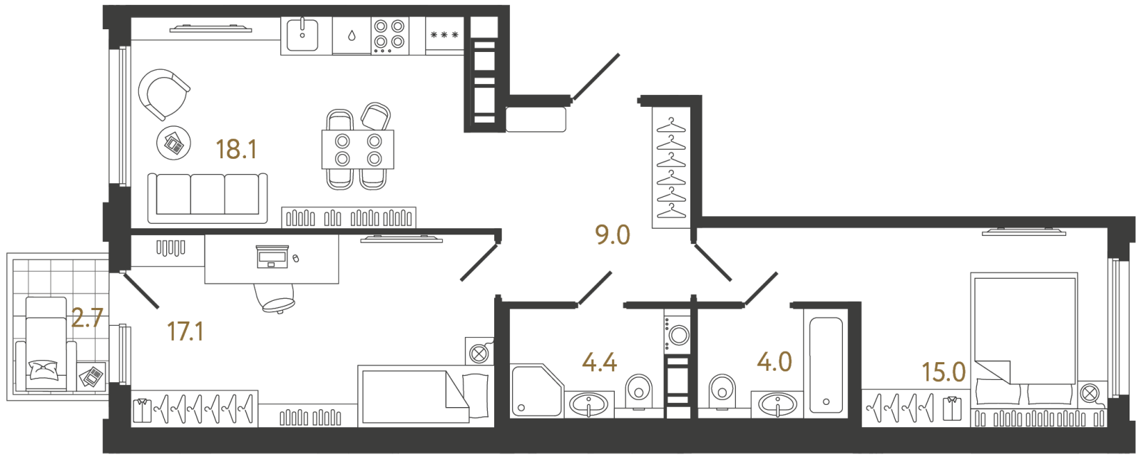 Планировка: 2-комнатная квартира, 67,6 м²