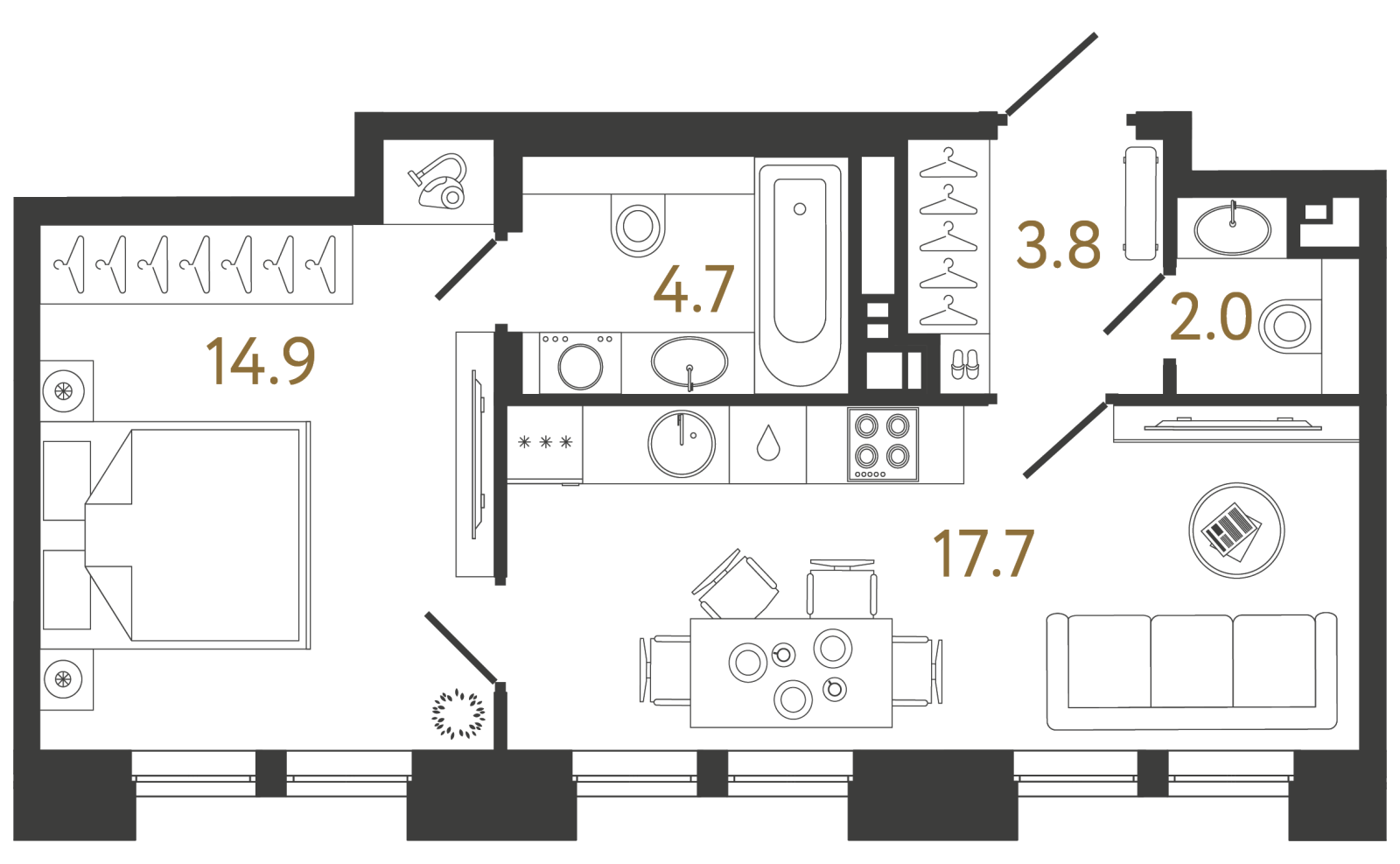 Планировка: 1-комнатная квартира, 43,1 м²