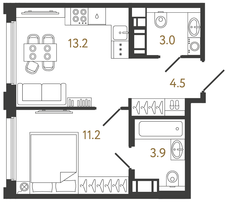 Планировка: 1-комнатная квартира, 35,8 м²