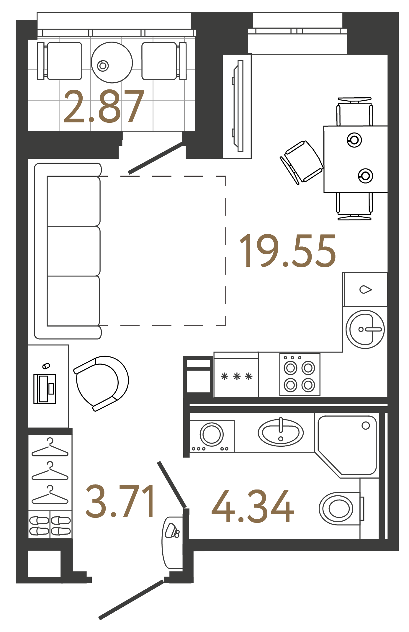 Планировка: студия, 27,4 м²