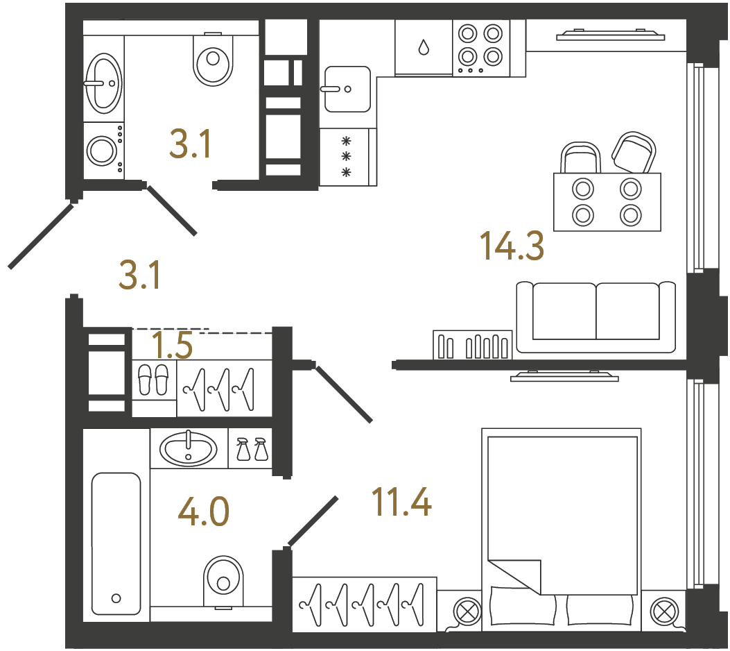 Планировка: 1-комнатная квартира, 37,4 м²