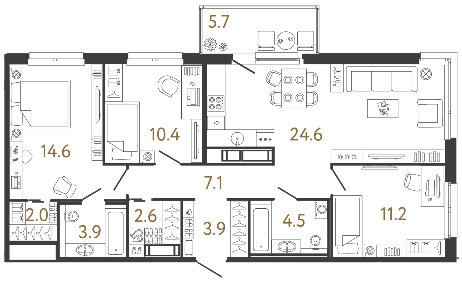 Планировка: 3-комнатная квартира, 84,8 м²