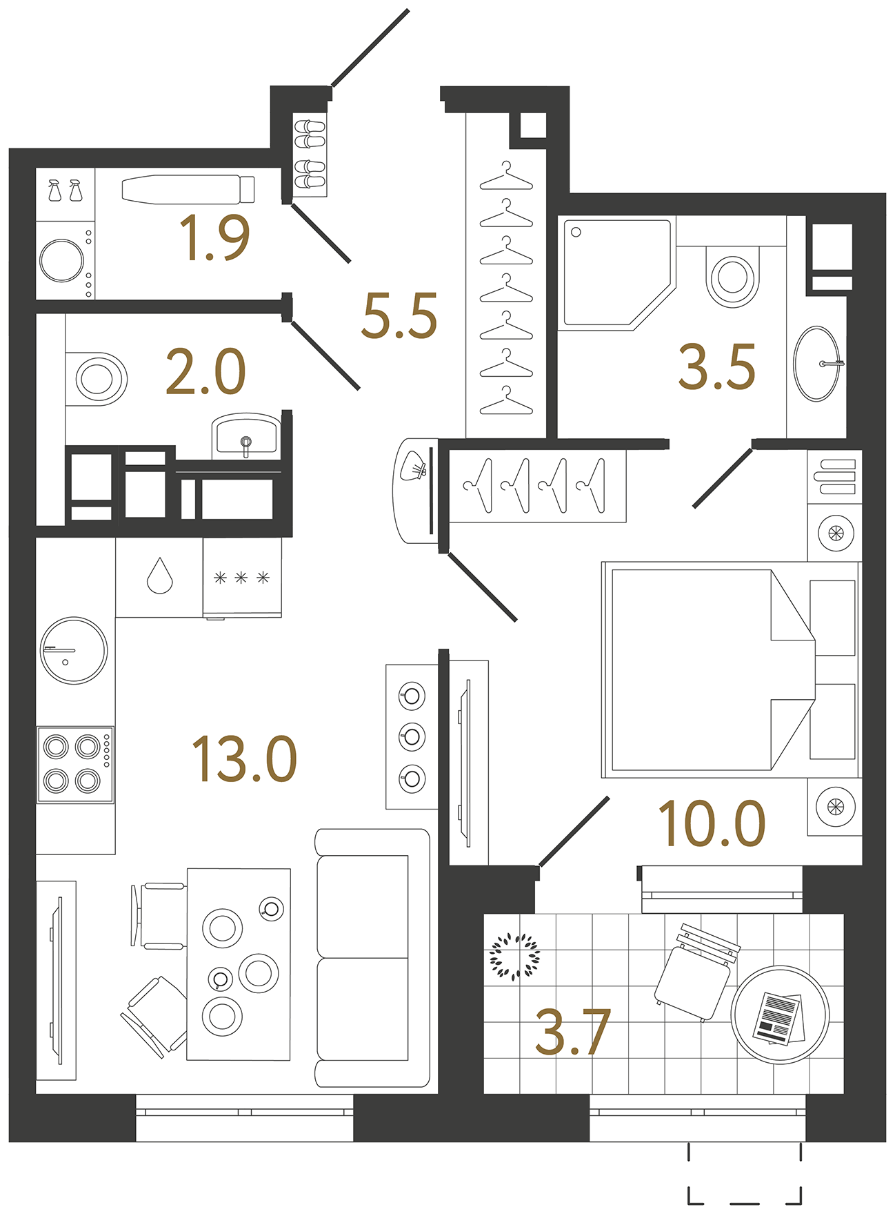 Планировка: 1-комнатная квартира, 35,9 м²
