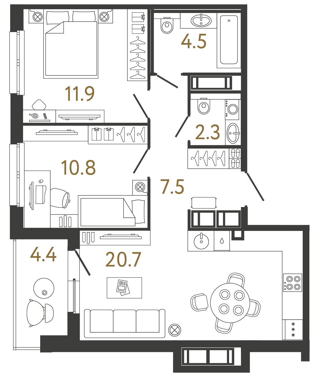 Планировка: 2-комнатная квартира, 57,7 м²