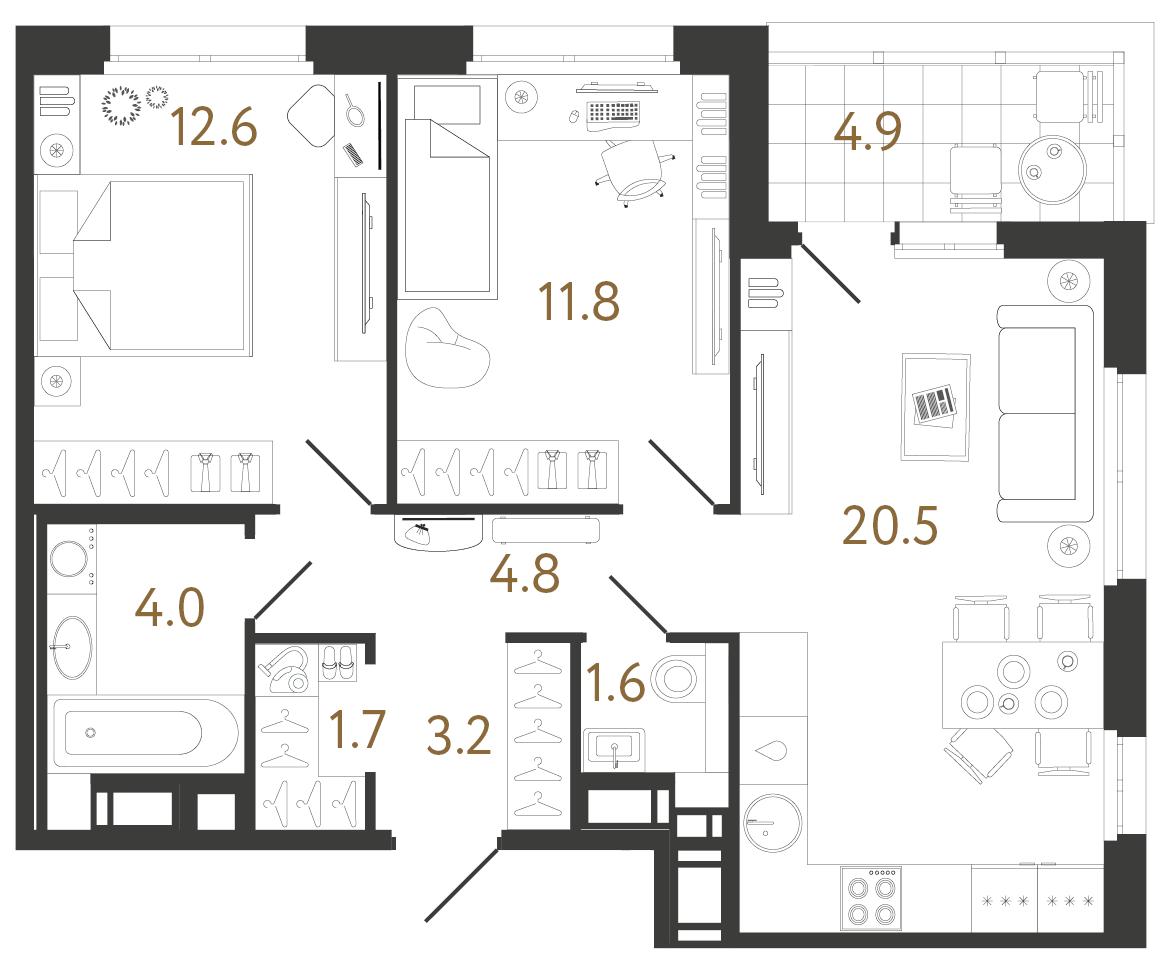 Планировка: 2-комнатная квартира, 60,2 м²