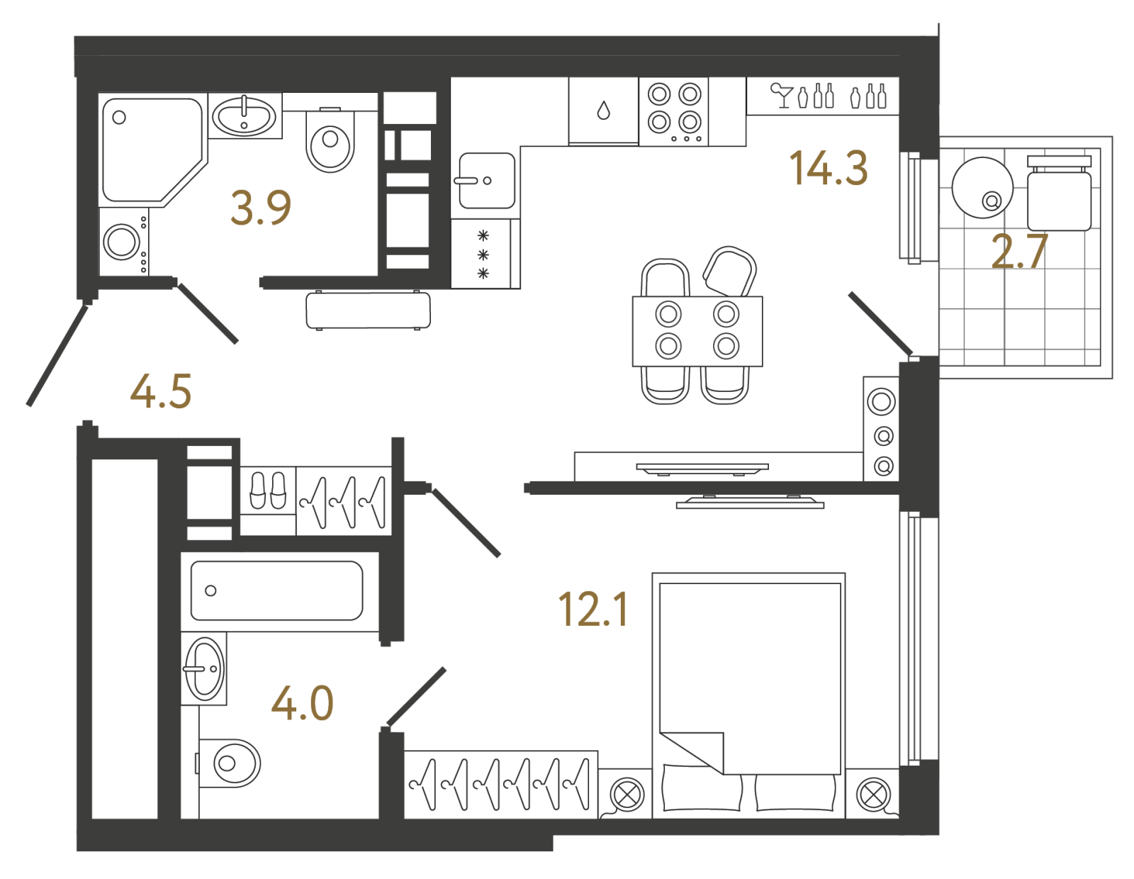 Планировка: 1-комнатная квартира, 38,8 м²