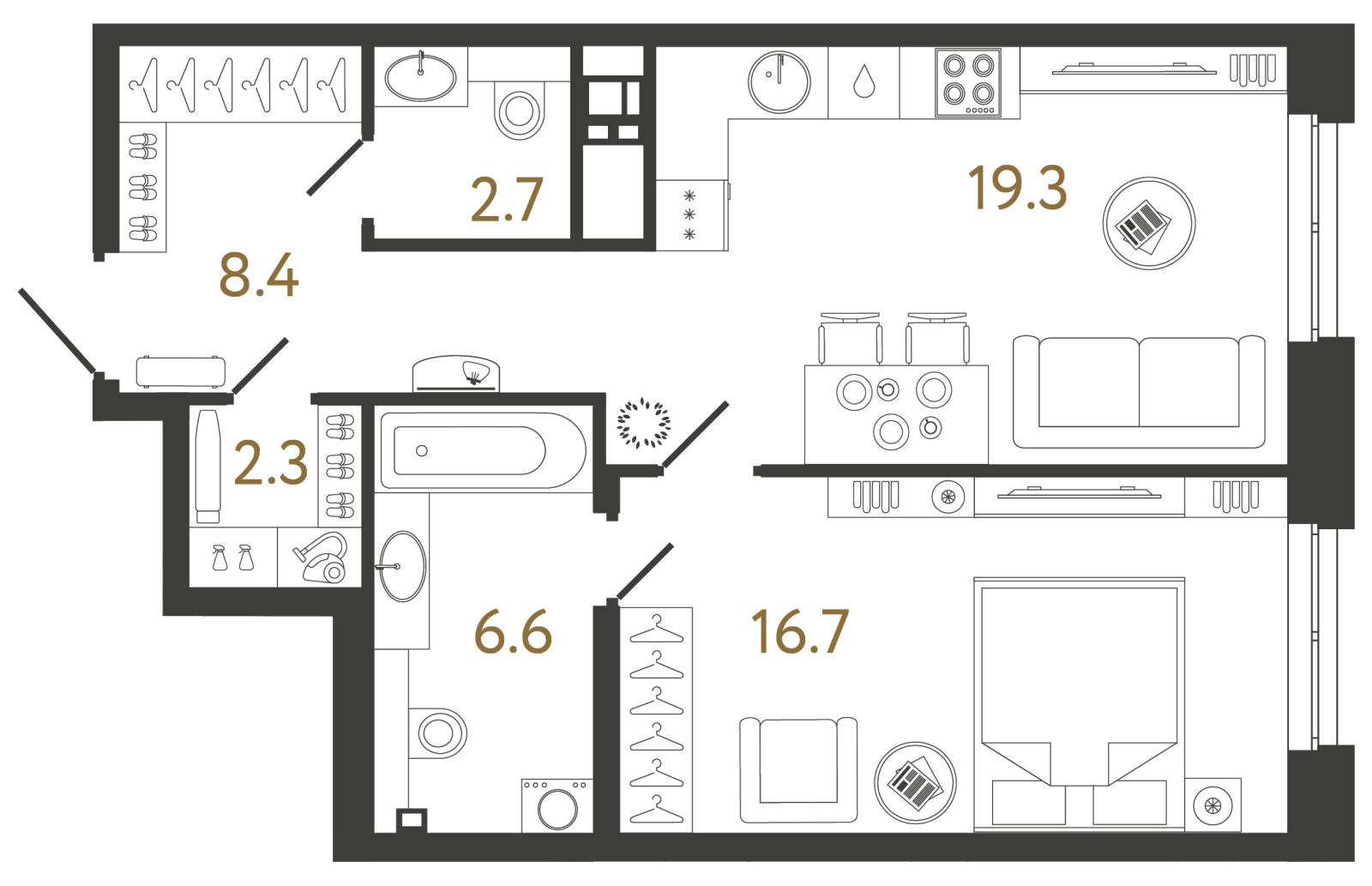 Планировка: 1-комнатная квартира, 56,0 м²