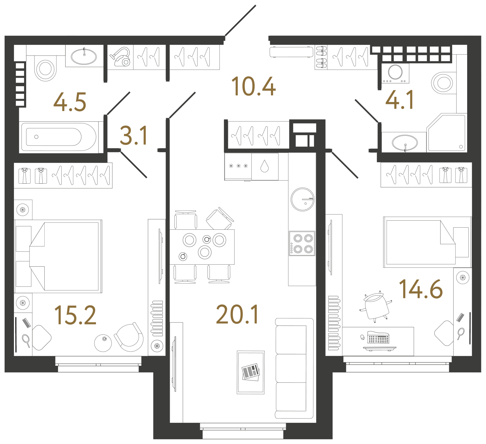 Планировка: 2-комнатная квартира, 72,0 м²